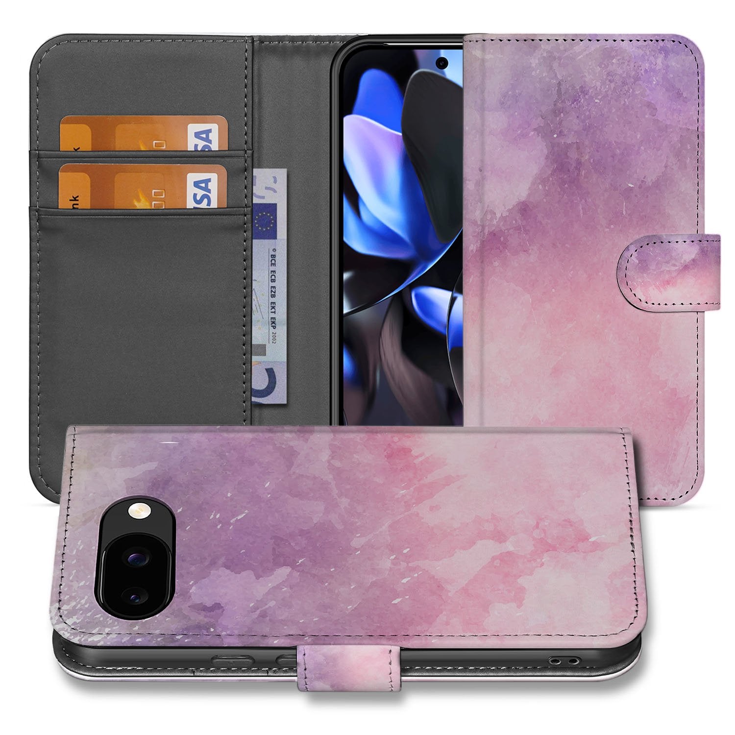 Google Pixel 9a Bookcase Hoesje Roze-Paars Waterverf voorkant achterkant