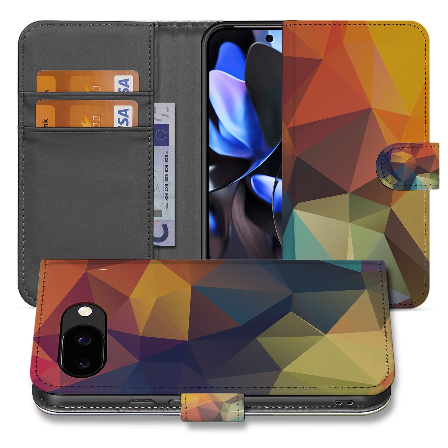 Polygon Color Google Pixel 9a Book Case En Portemonnee Hoesje geometrisch design aanzicht