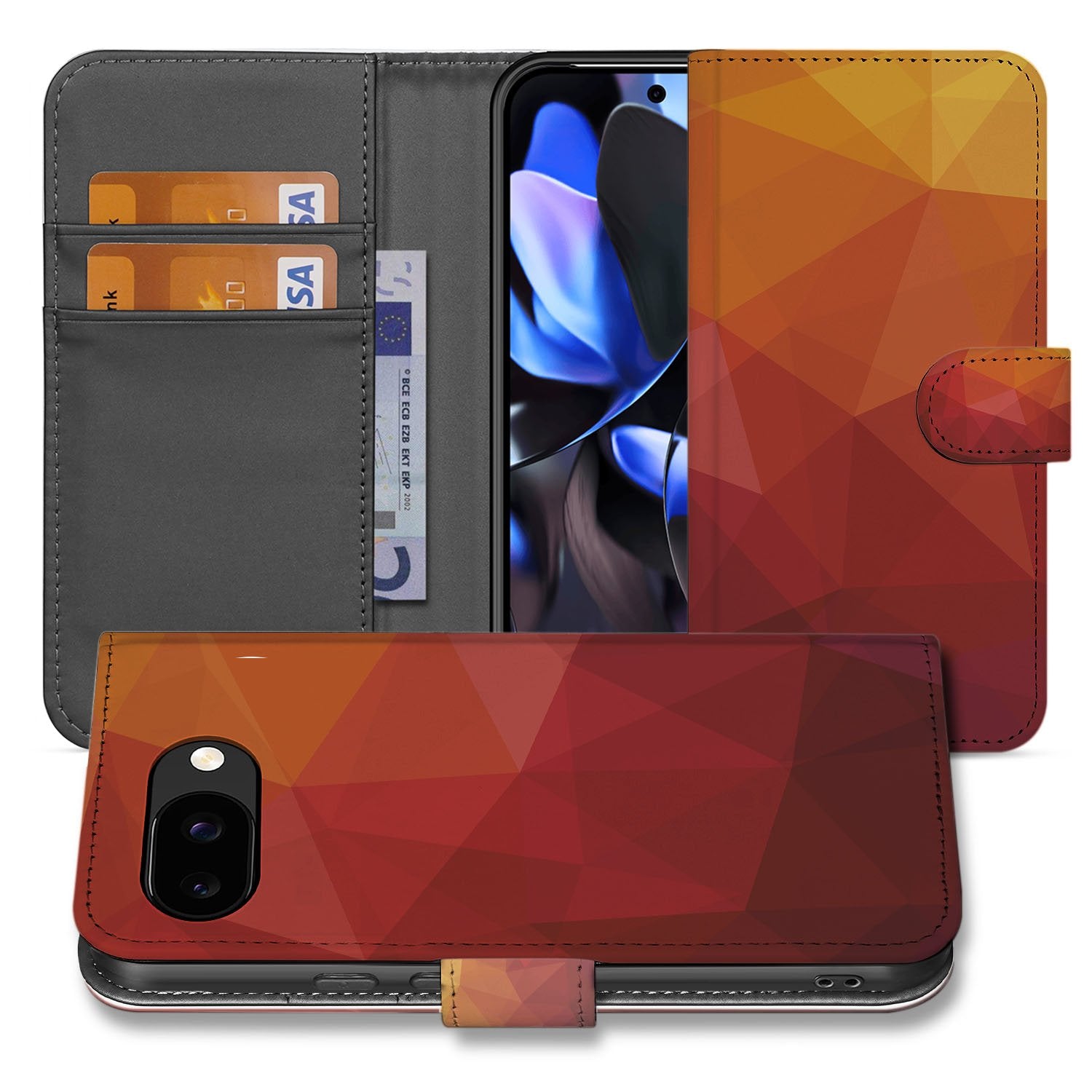 Polygon Google Pixel 9a Book Case geometrisch design rood aanzicht