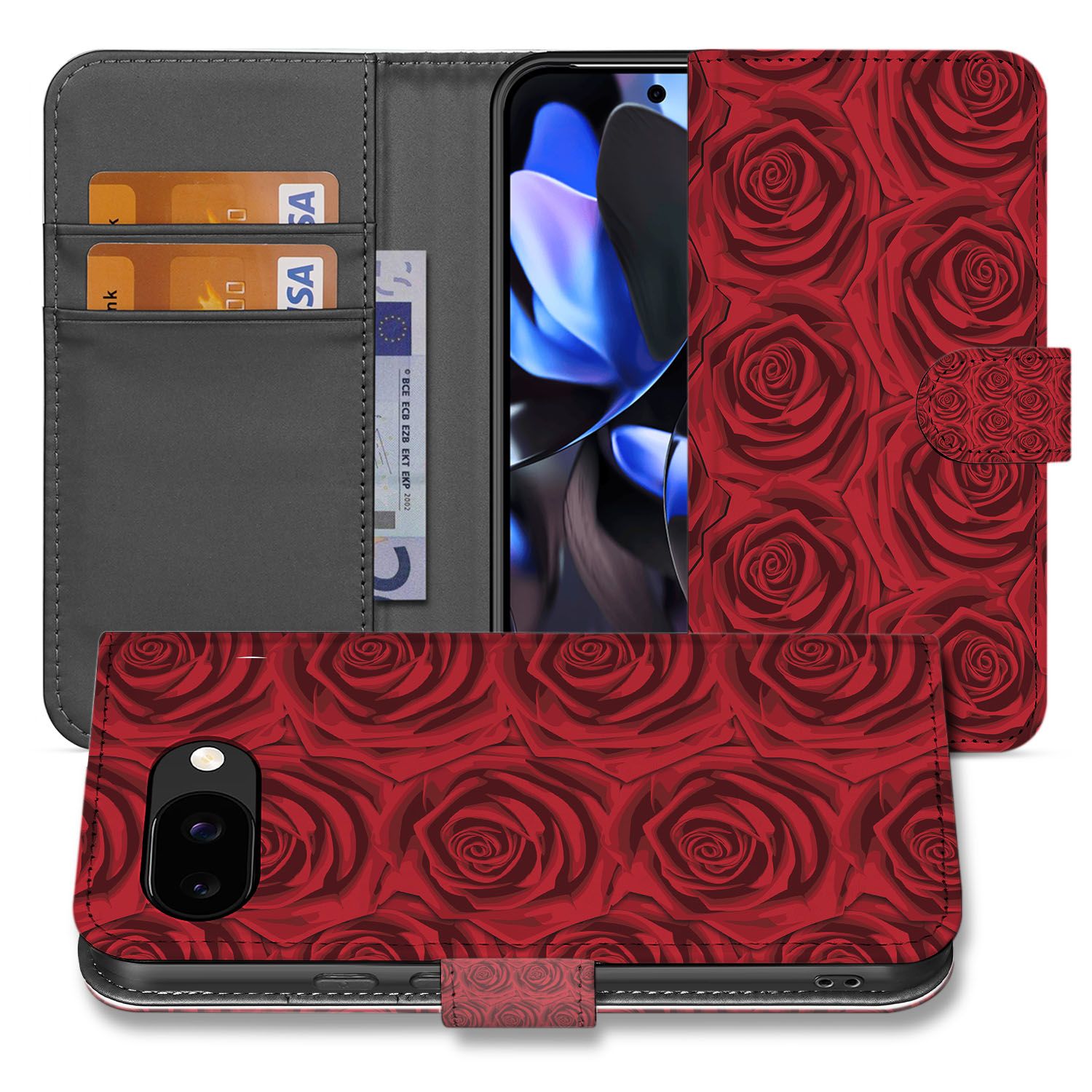 Red Roses Google Pixel 9a Book Case ontwerp bloeiende zijaanzicht