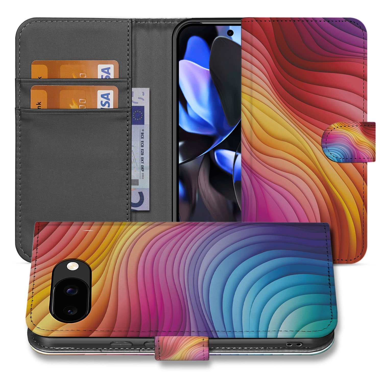 Regenbooggolven Google Pixel 9a Book Case Hoesje designnaam frontaanzicht