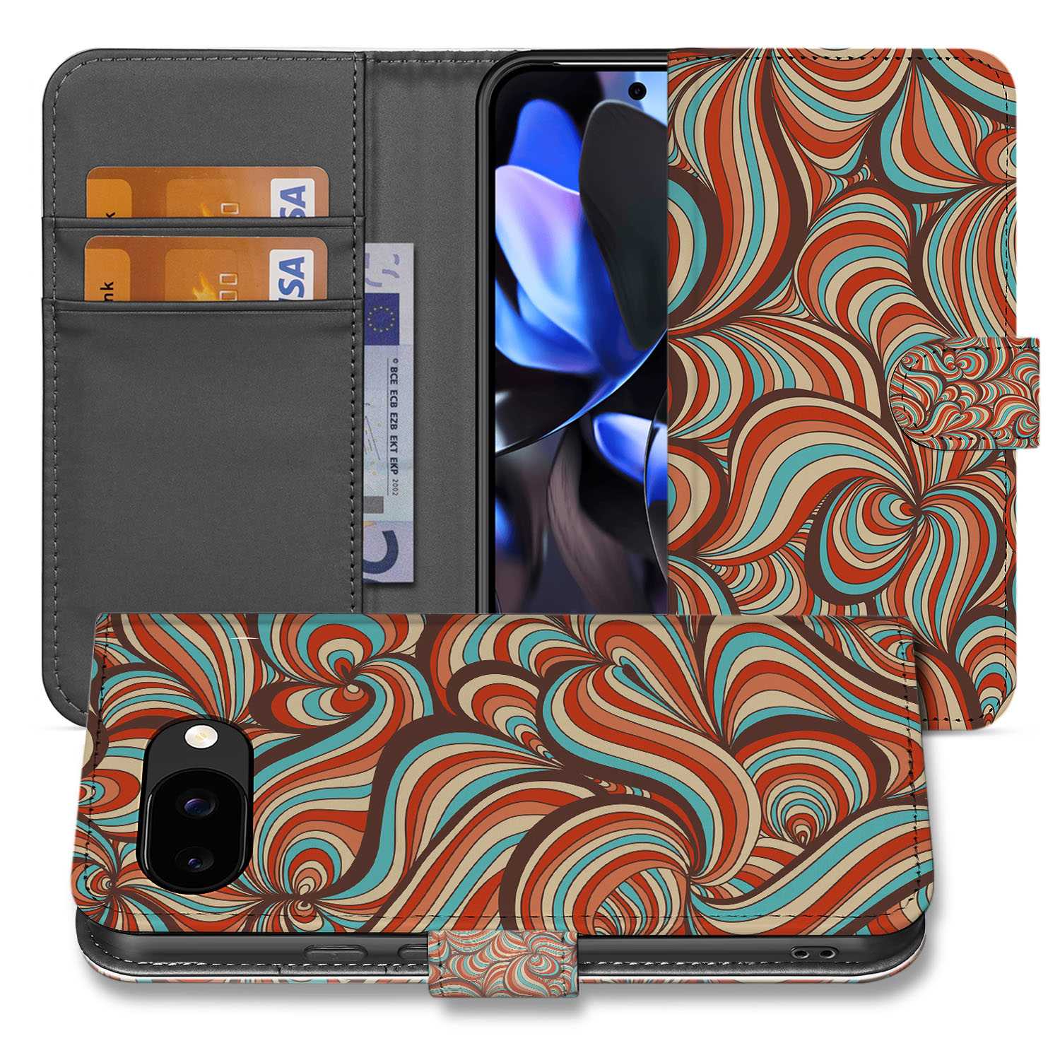 Retro Google Pixel 9a Book Case Portemonnee Hoesje designnaam retro patroon aanzicht