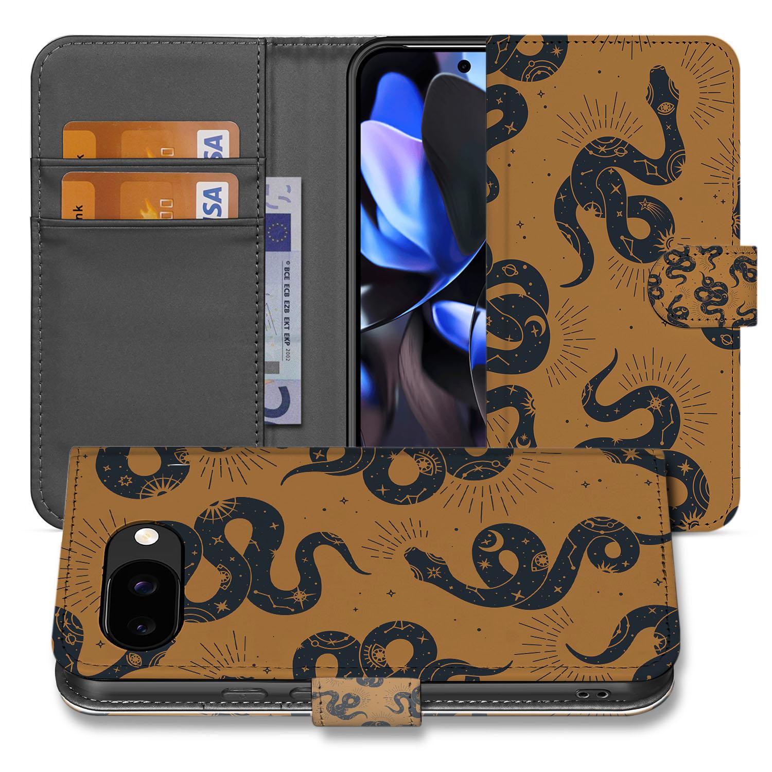 Slangen Design Google Pixel 9a Book Case slangenprint bruin grijs voorzijde binnenkant