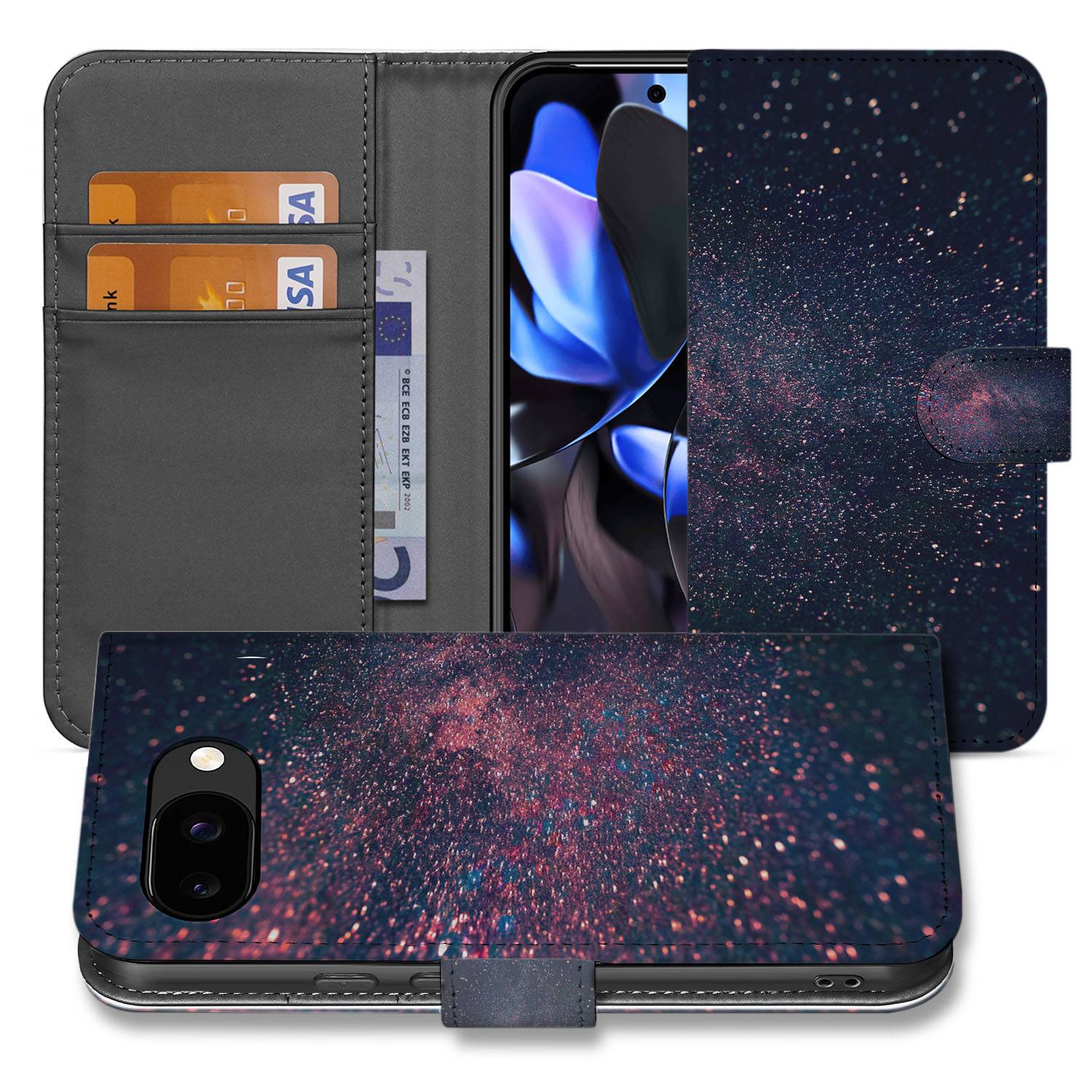Book Case Google Pixel 9a Paars Blauw Glitter Sterren Design Met Passenruimte Bescherming voorkant achterkant binnenzijde