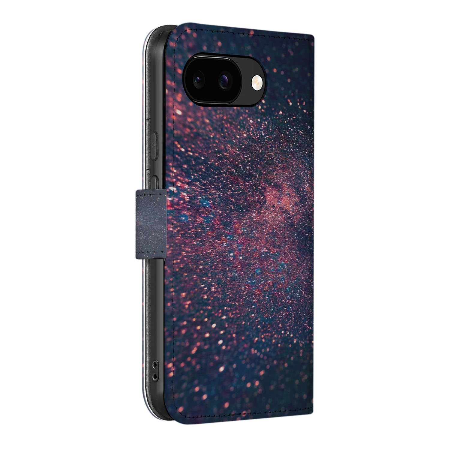 Book Case Google Pixel 9a Paars Blauw Glitter Sterren Design Met Passenruimte Bescherming zijkant