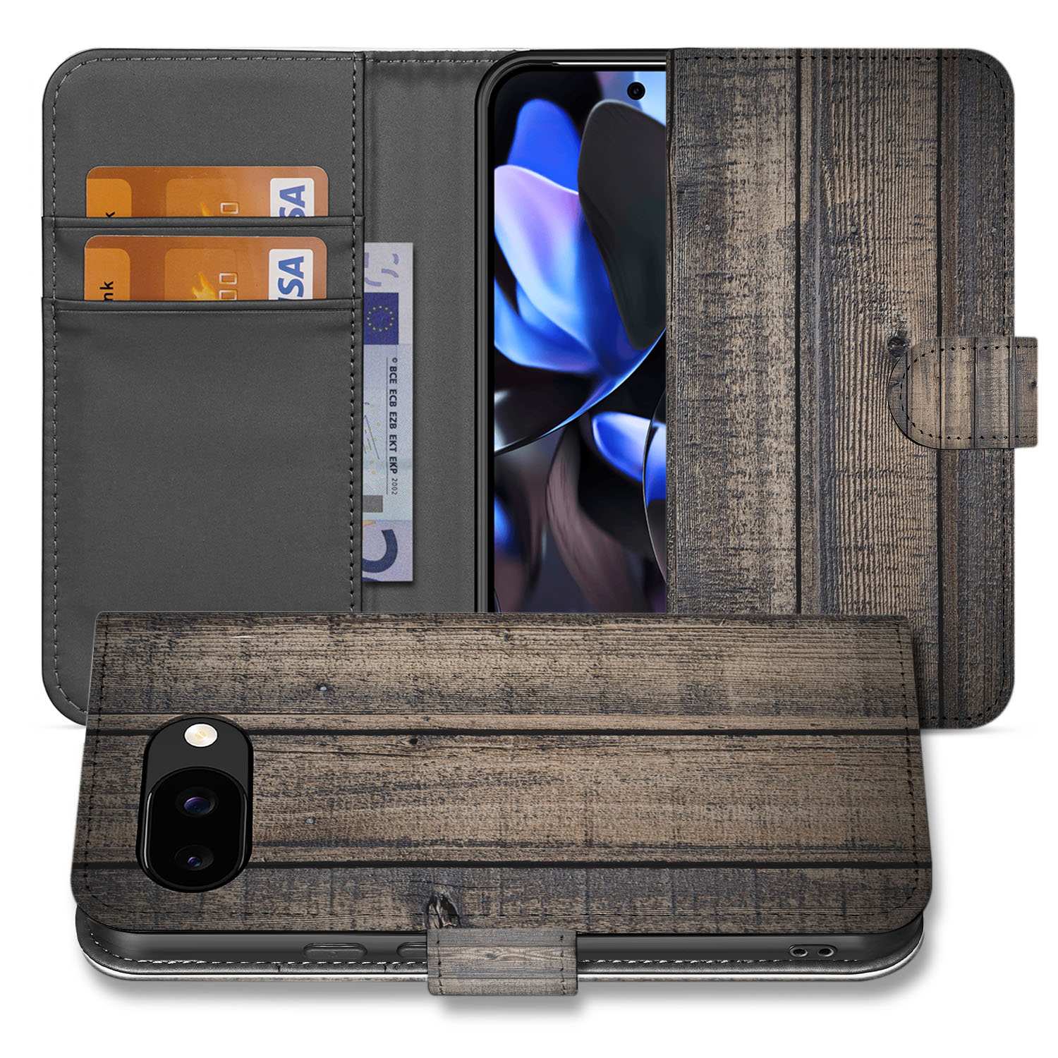 Steigerhout Design Google Pixel 9a Book Case aanzicht binnenkant houten look