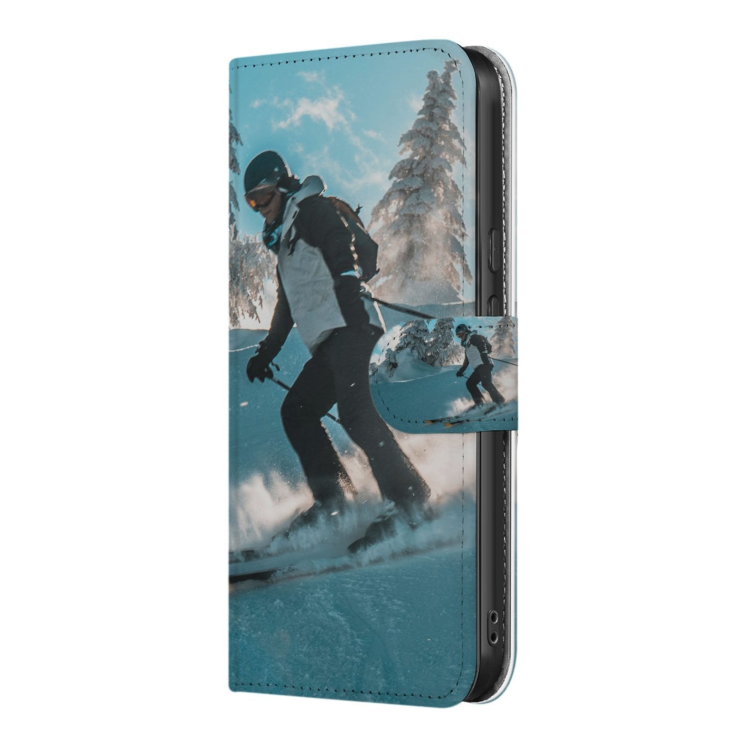 Google Pixel 9a Bookcase Hoesje met Eigen Foto Ontwerpen skiënd vrouw sneeuw landschap aanzicht