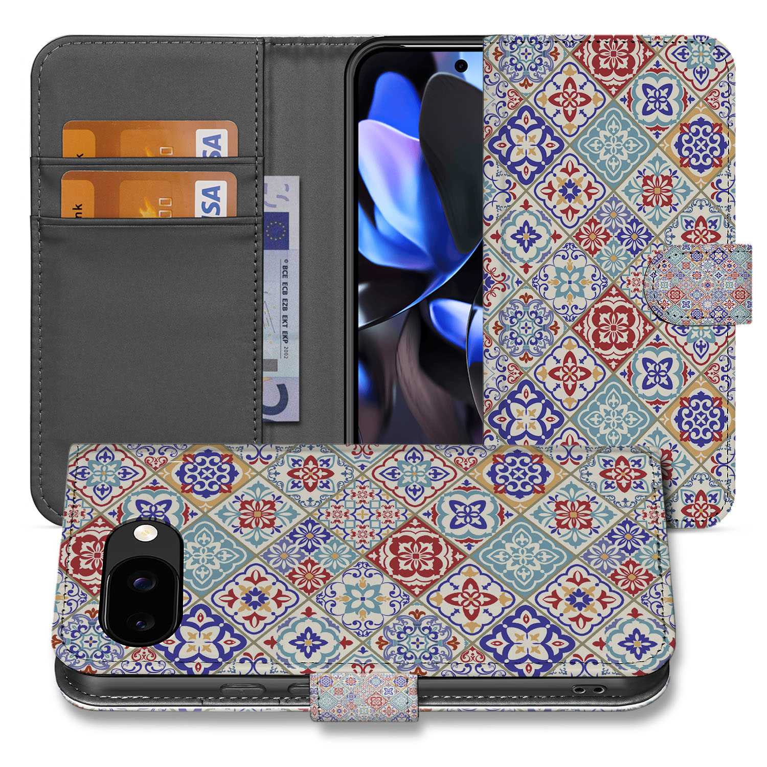 Google Pixel 9a Tegelpatroon Book Case Tiles Color voorkant achterkant