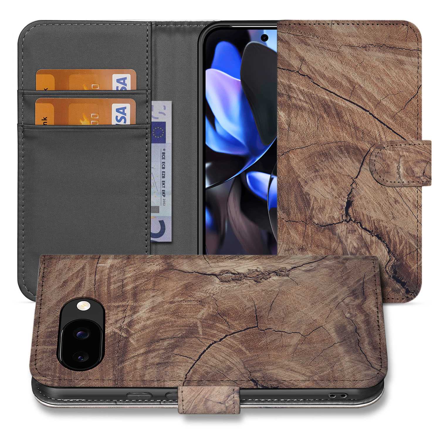 Tree Trunk Boekhoesje Bruin Houtnerf Rustic Charm Elegante Natuurlijke Uitstraling Google Pixel 9a Book Case voorzijde