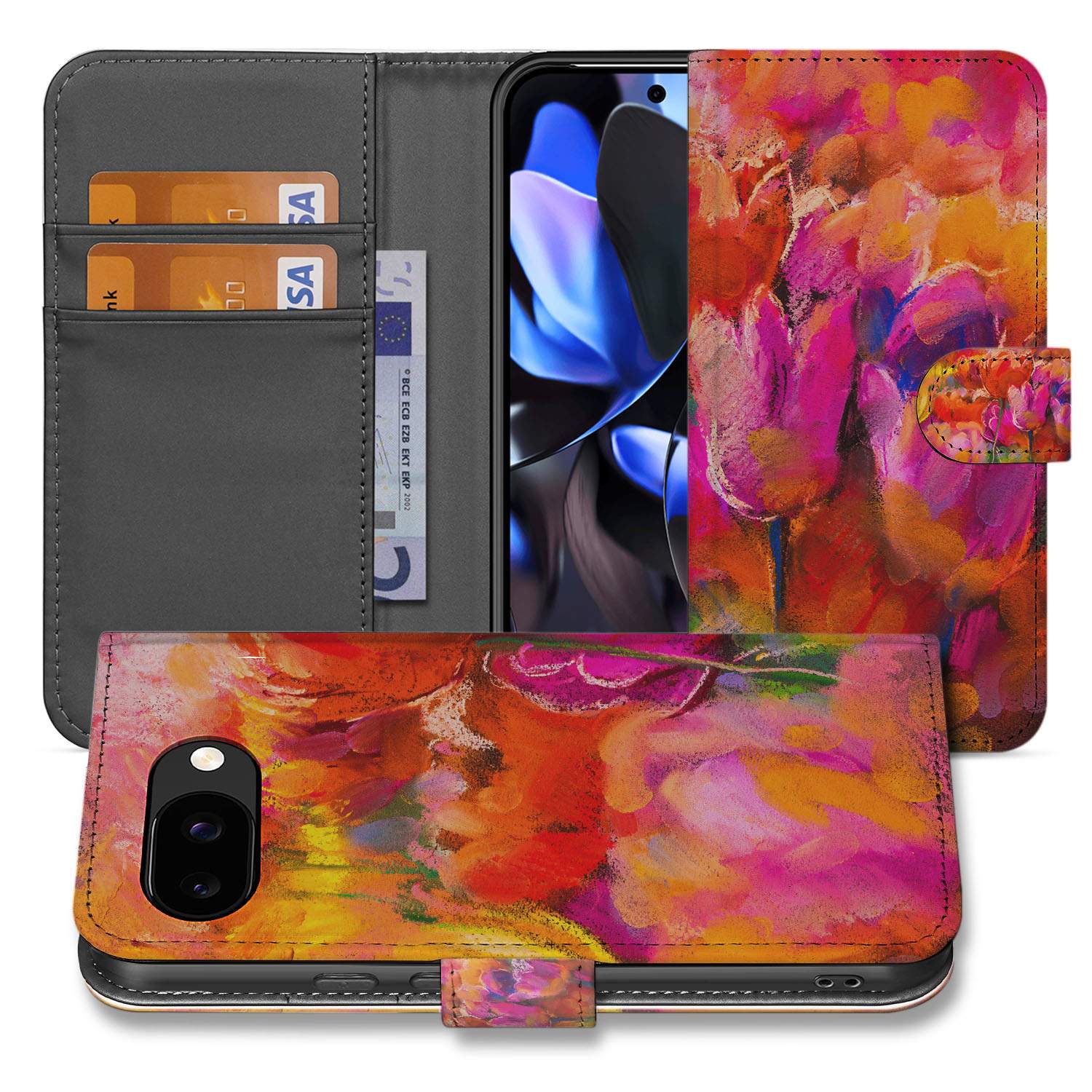 Tulips Google Pixel 9a Bookcase Hoesje tulpen ontwerp voorkant binnenzijde
