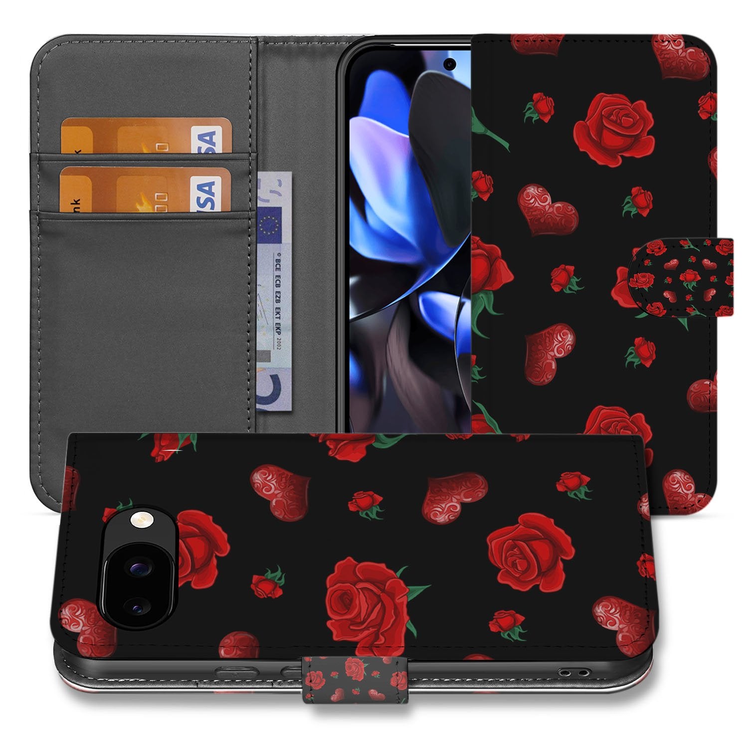 Google Pixel 9a Bookcase Hoesje Valentine Rozenpracht met Luxe Bescherming en Stijl bookcase design rozen zwart