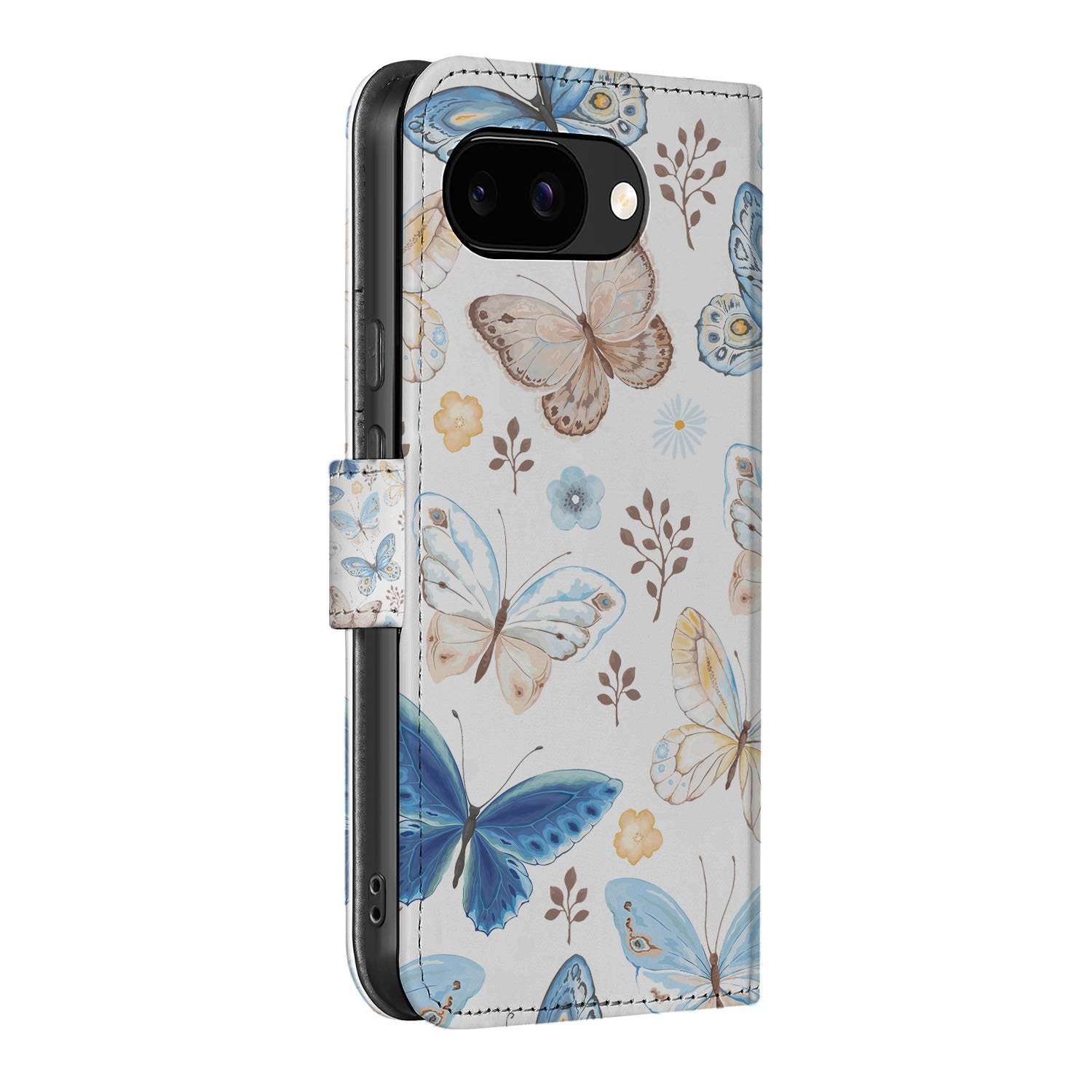 Google Pixel 9a Vlinder Book Case En Portemonnee Hoesje zijaanzicht vlinderpatroon