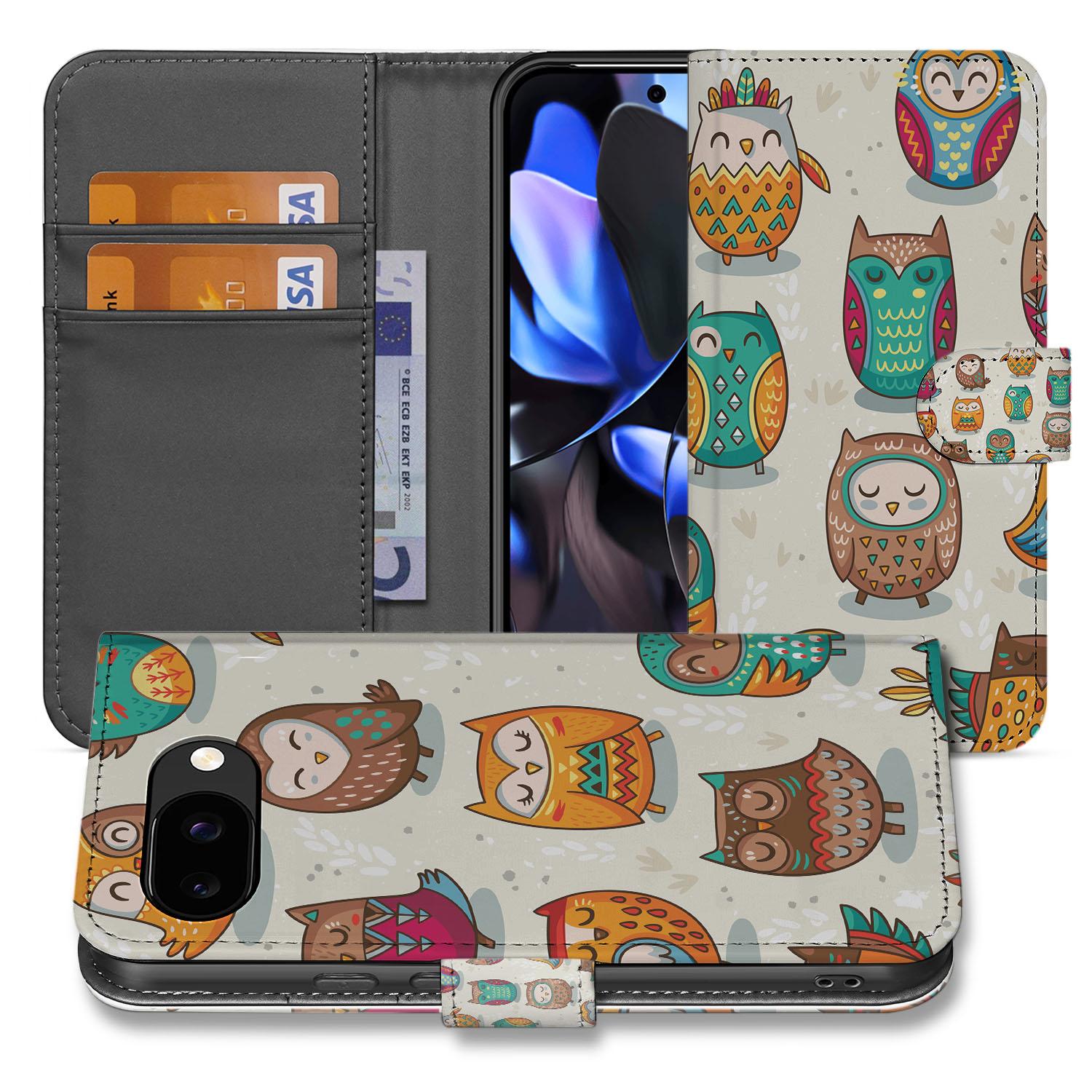 Book Case Google Pixel 9a Pasjeshoesje Met Vrolijke Uilen Ontwerp uilenbeige kunstleer voorkant aanzicht