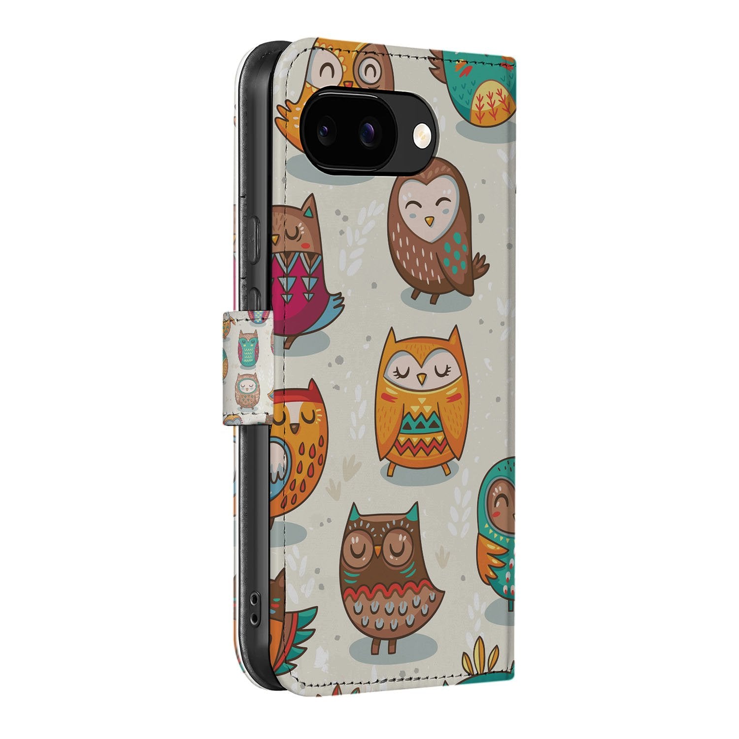 Book Case Google Pixel 9a Pasjeshoesje Met Vrolijke Uilen Ontwerp uilen design zijkant