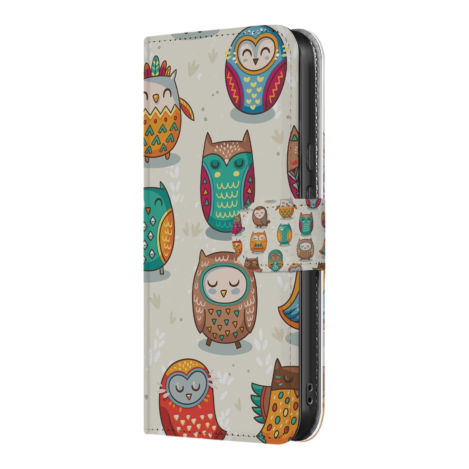 Book Case Google Pixel 9a Pasjeshoesje Met Vrolijke Uilen Ontwerp uilen beige groen oranje zij aanzicht