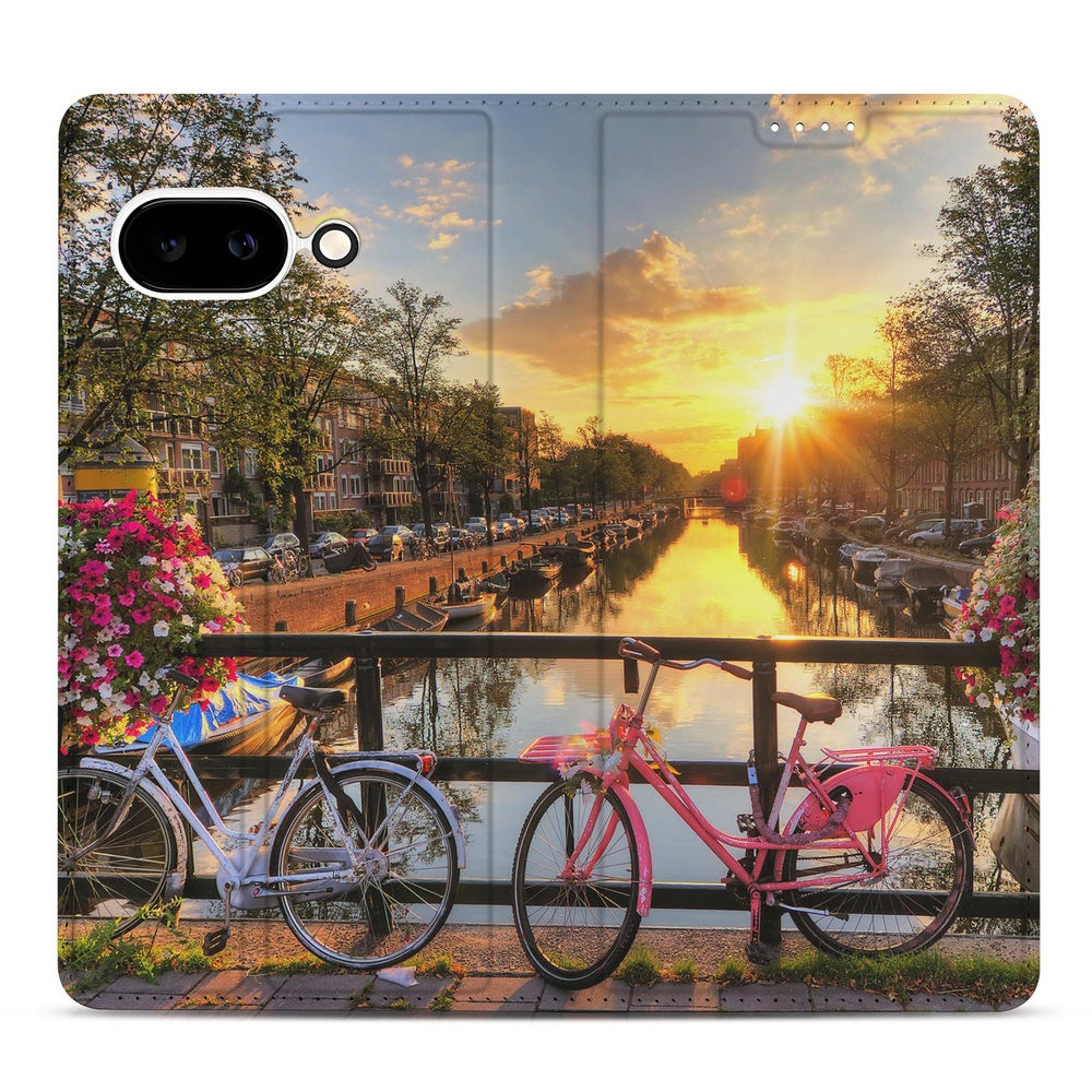 Google Pixel 9a Book Cover Amsterdamse Grachten fiets bloemen grachten water zonsondergang