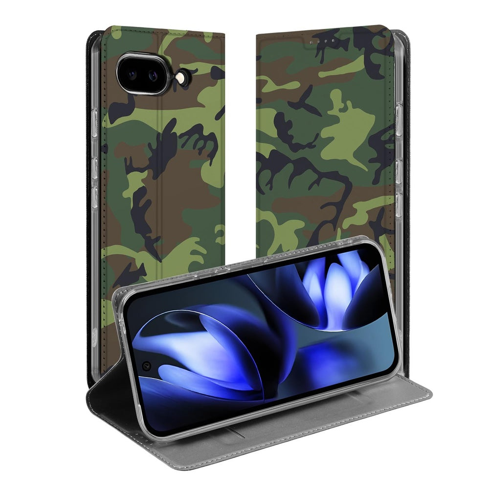 Google Pixel 9a Telefoonhoesje Army Dark camouflage bookcase voorkant achterkant