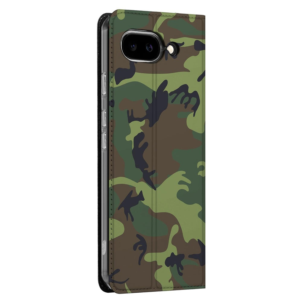 Google Pixel 9a Telefoonhoesje Army Dark camouflage design bookcase aanzicht