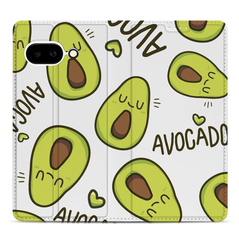 Google Pixel 9a Flip Style Cover Avocado Singing design vrolijk aanzicht