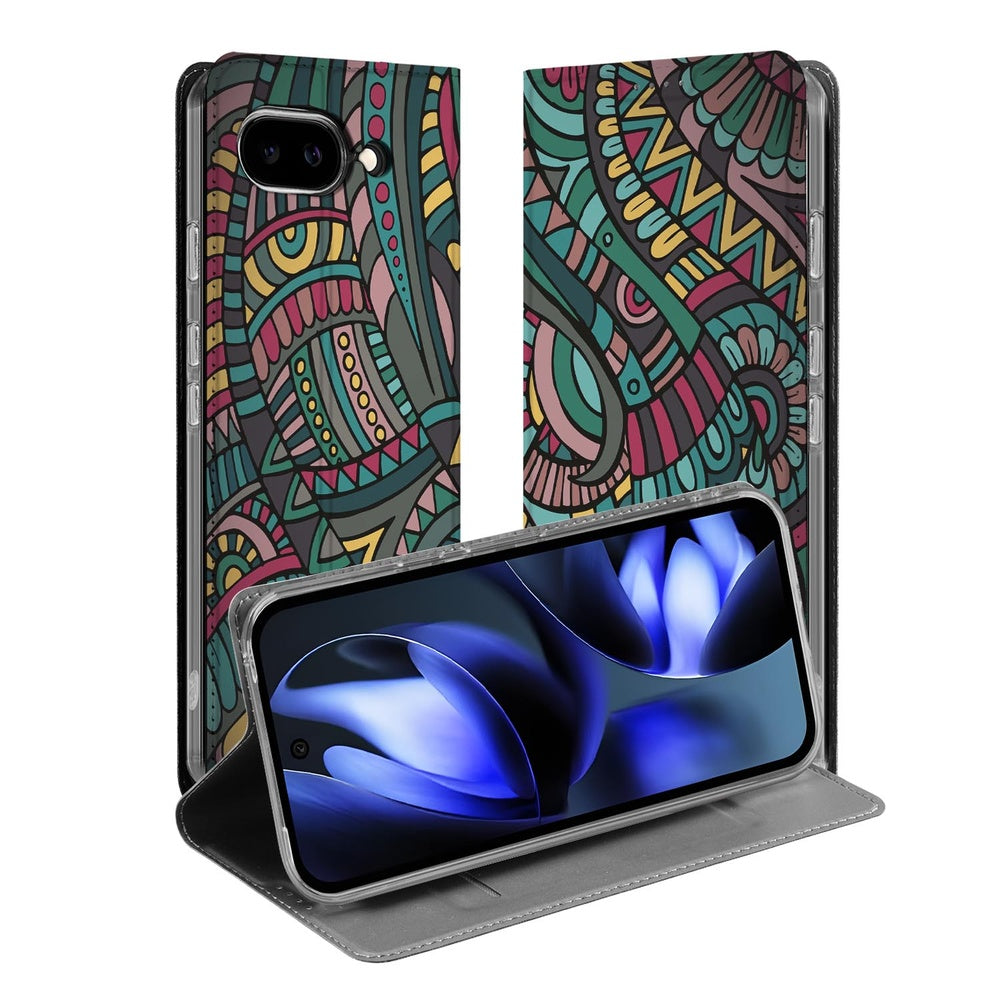 Google Pixel 9a Standcase Hoesje Aztec standcase kleurrijk ontwerp voorkant achterkant