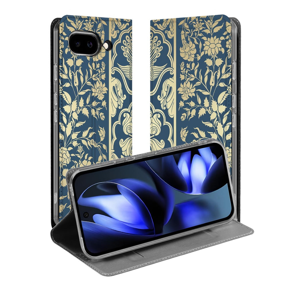 Book Case Google Pixel 9a Beige Flowers design beige bloemen donkerblauw aanzicht