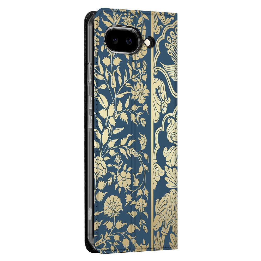 Book Case Google Pixel 9a Beige Flowers design beige bloemen donkerblauw aanzicht