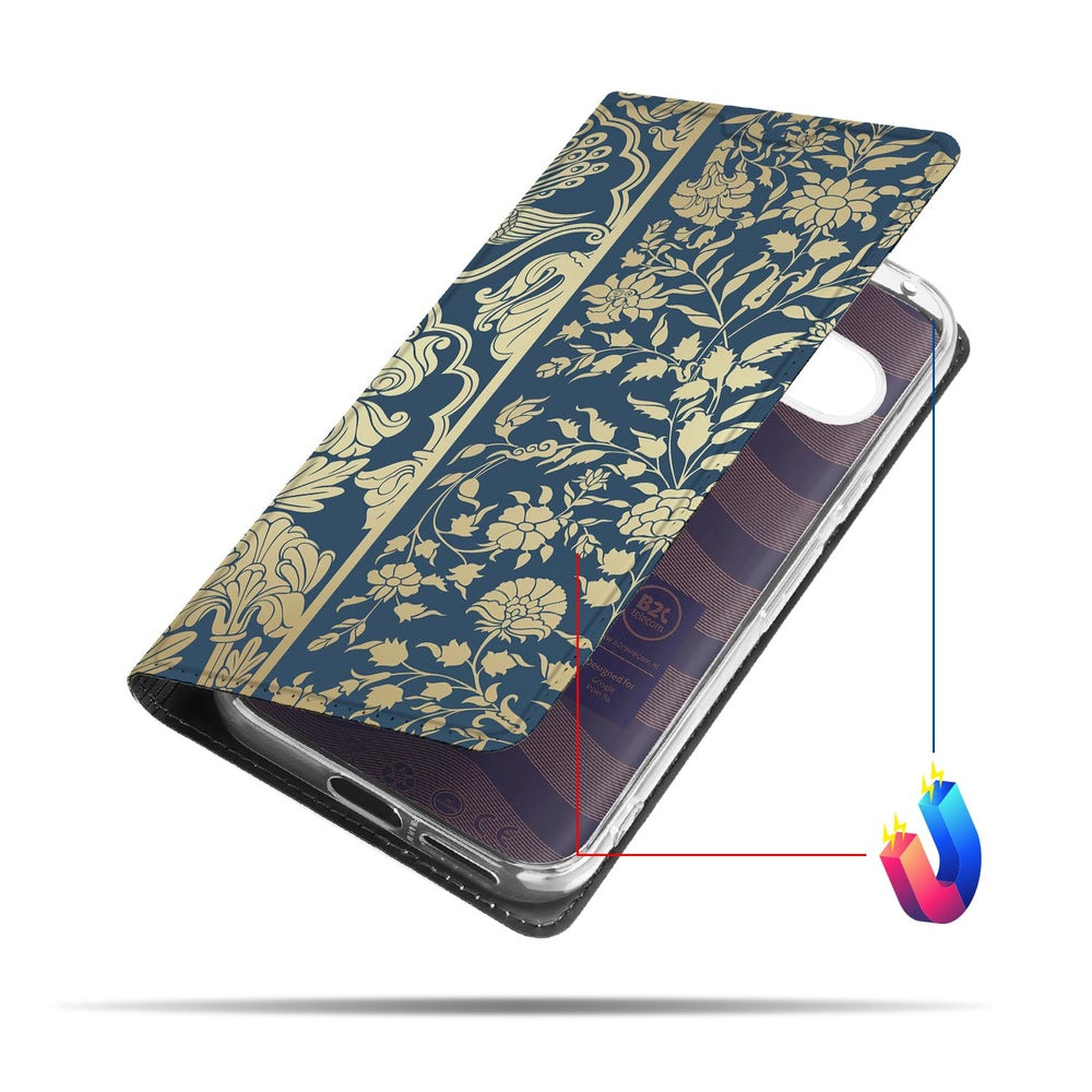 Book Case Google Pixel 9a Beige Flowers bookcase blauw bloemen voorkant