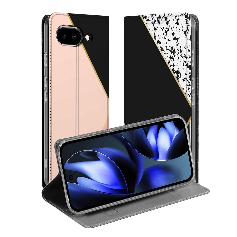 Google Pixel 9a Book Wallet Case Black Pink Shapes design zwart roze vlakken aanzicht