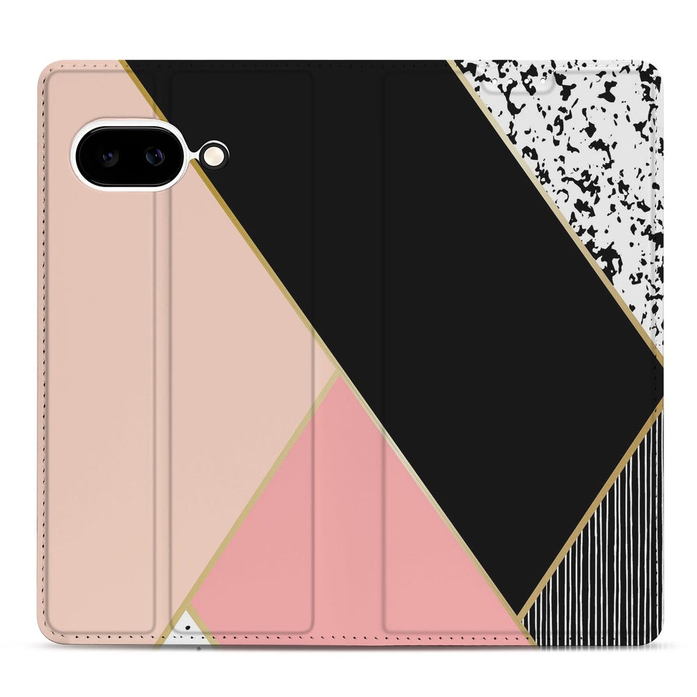Google Pixel 9a Book Wallet Case Black Pink Shapes zwart roze geometrisch design