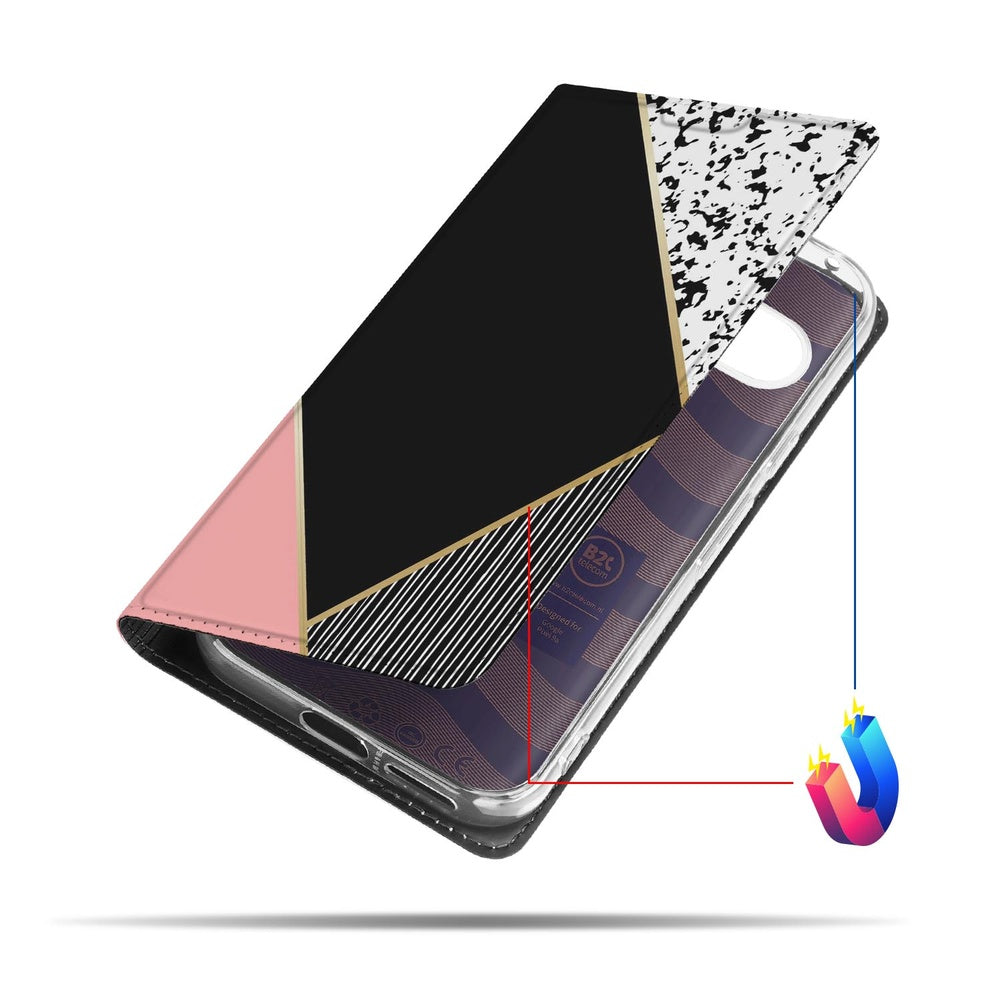 Google Pixel 9a Book Wallet Case Black Pink Shapes case zwart roze vormen aanzicht