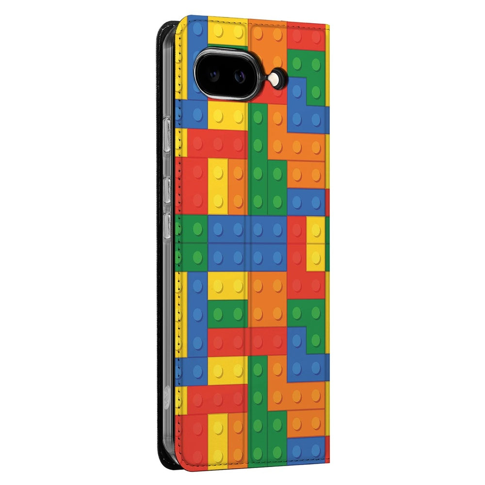 Google Pixel 9a Book Case Blokken Book Case Blokken zijaanzicht kleurrijke blokjesprint