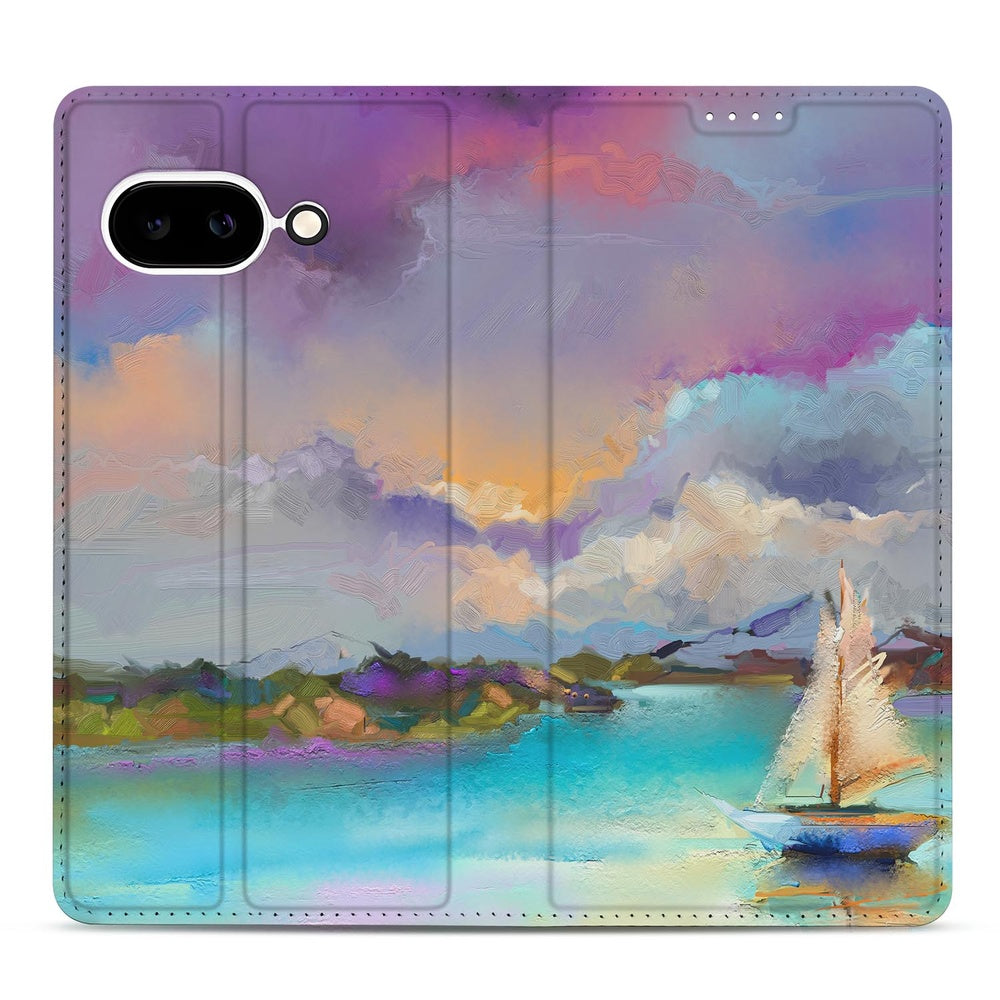 Google Pixel 9a Book Cover Boat dromerige kleurvlakken zeilboot avondlucht