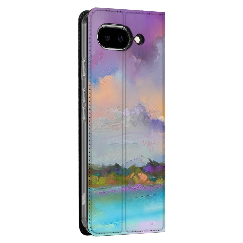 Google Pixel 9a Book Cover Boat design lila perzik blauw aanzicht