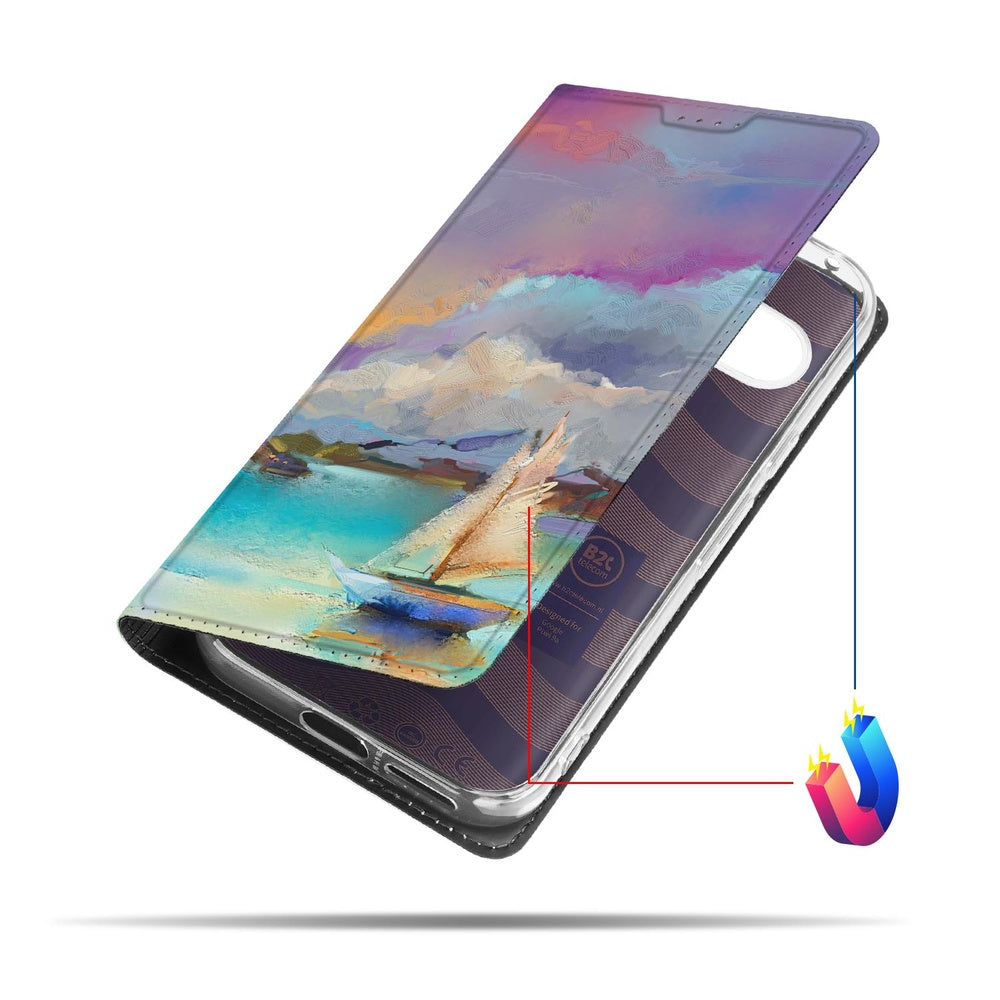 Google Pixel 9a Book Cover Boat design lila perzik blauw aanzicht