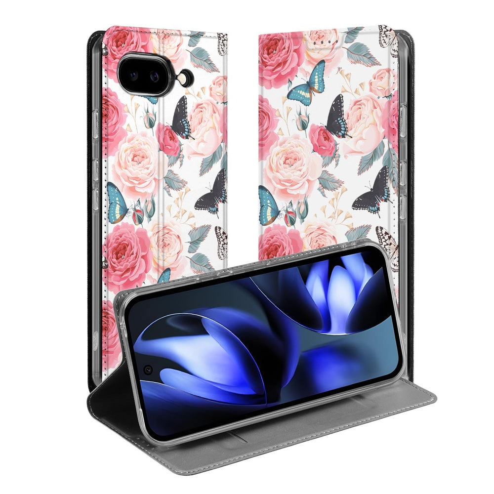 Google Pixel 9a Book Wallet Case Butterfly Roses boek wallet vlinders rozen design voor aanzicht