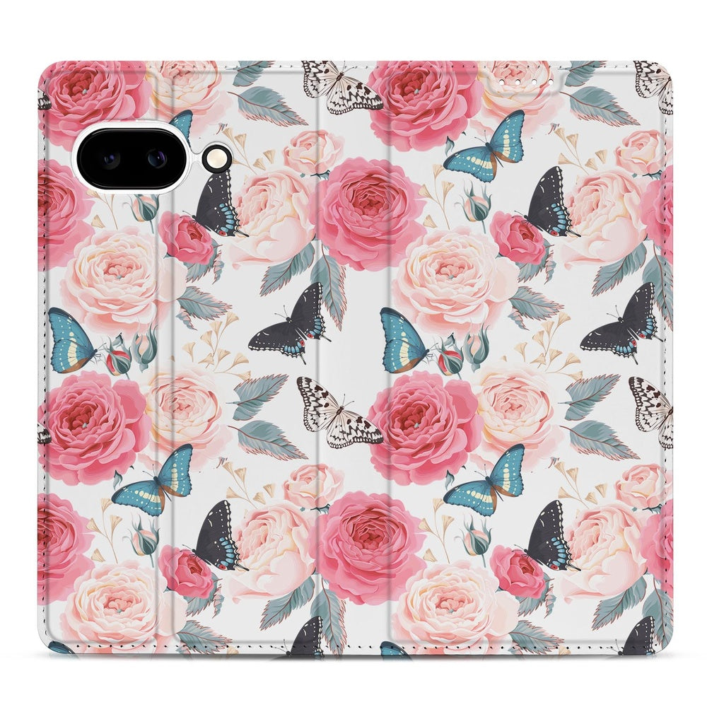 Google Pixel 9a Book Wallet Case Butterfly Roses design bloemen vlinders voorkant