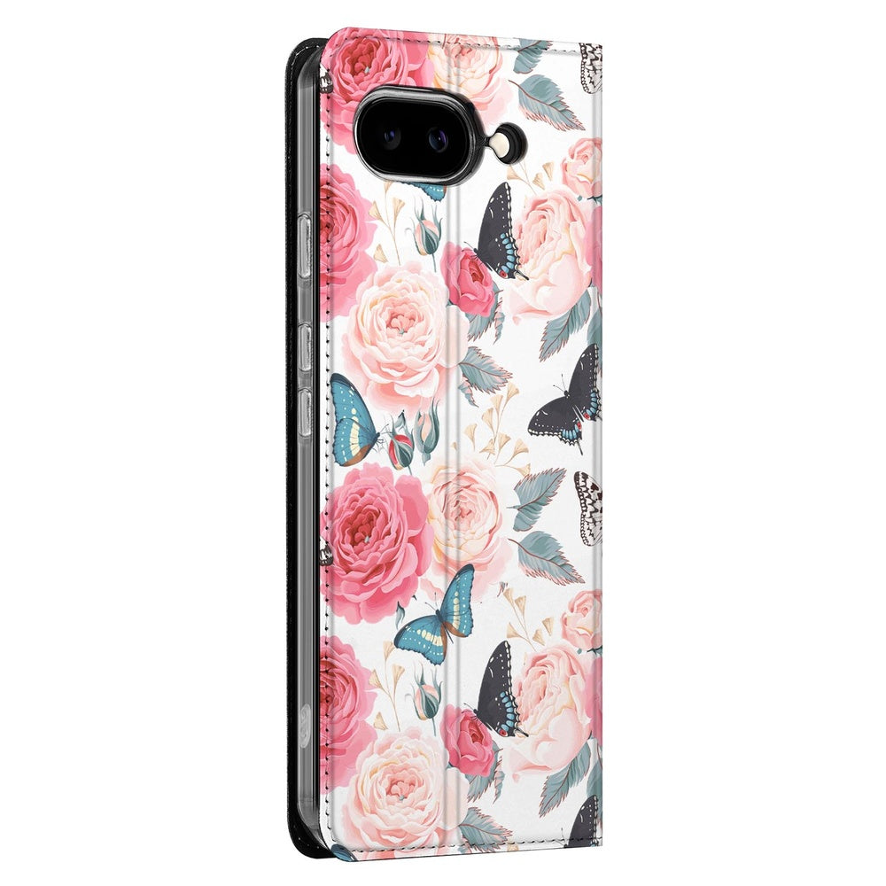 Google Pixel 9a Book Wallet Case Butterfly Roses boekhoes vlinders rozen zijkant