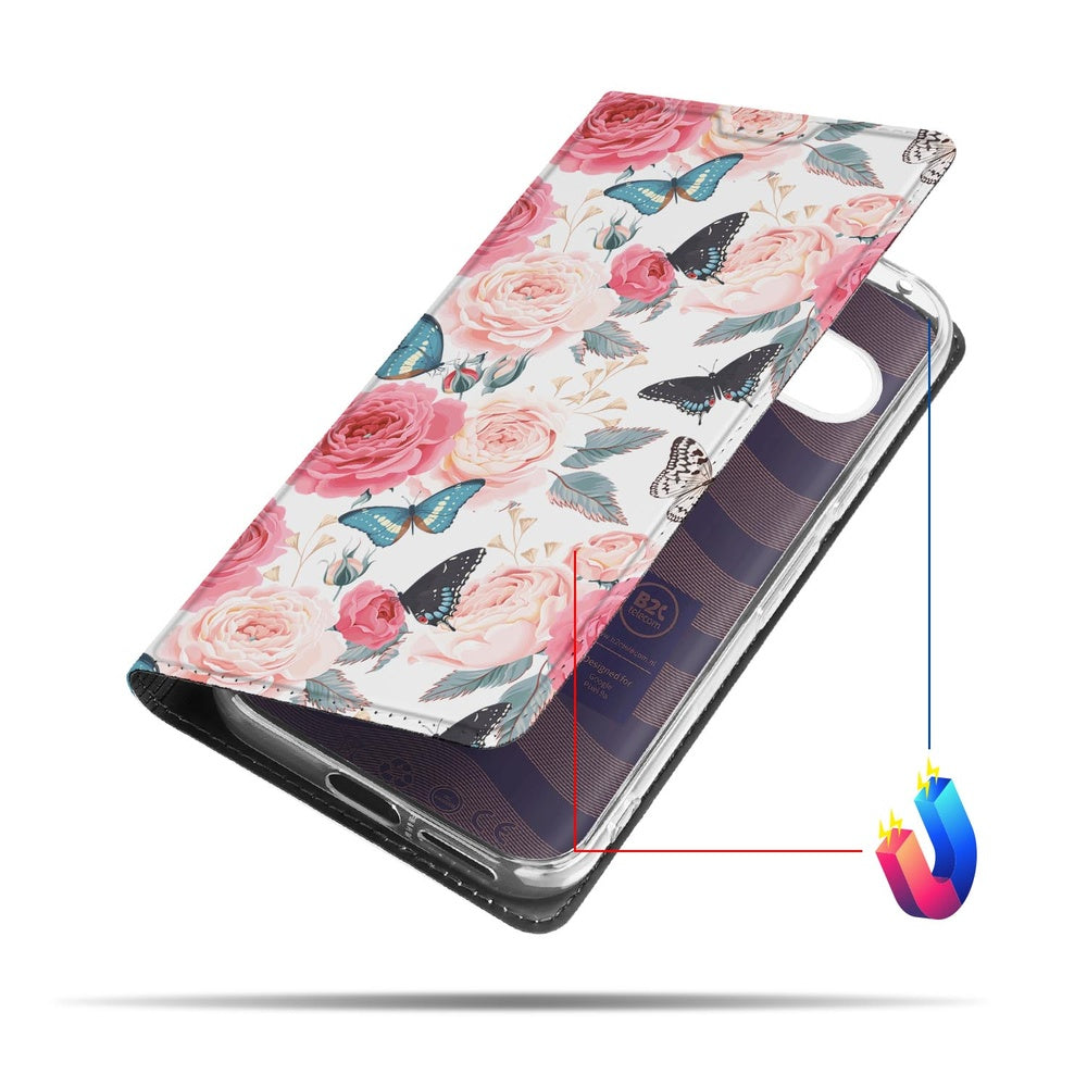 Google Pixel 9a Book Wallet Case Butterfly Roses design bloemen vlinders vooraanzicht