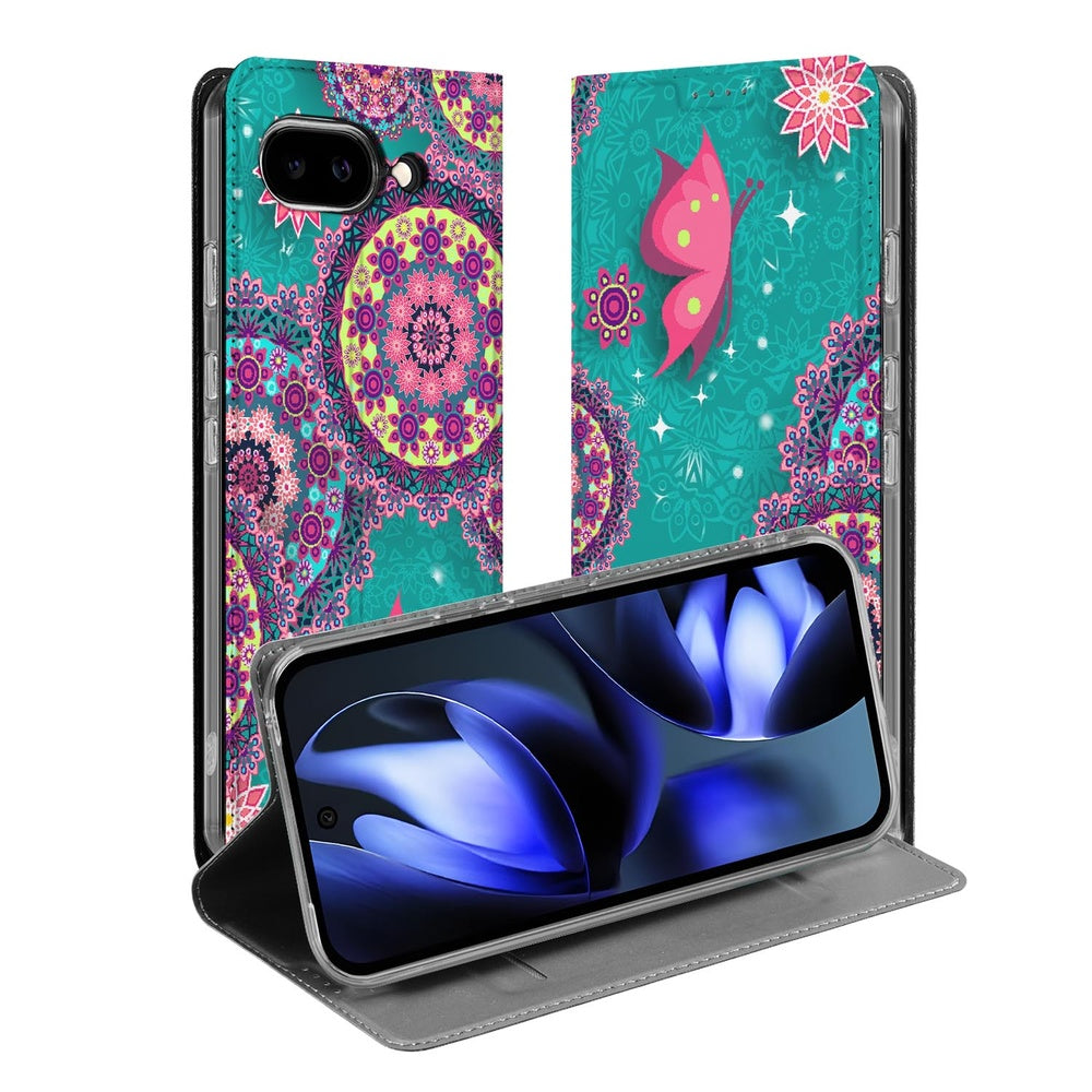 Google Pixel 9a Flip Style Cover Cirkels en Vlinders design cirkels vlinders front