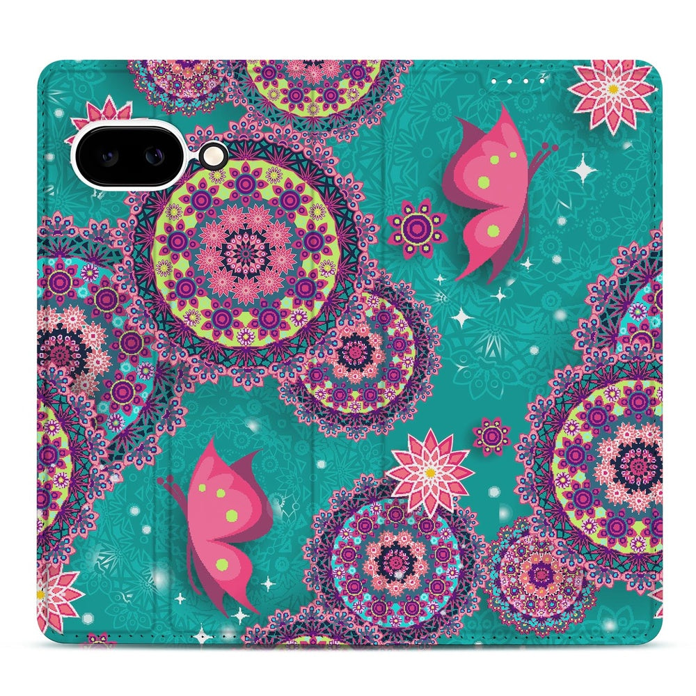 Google Pixel 9a Flip Style Cover Cirkels en Vlinders designcirkelpatronen vlinders bovenaanzicht