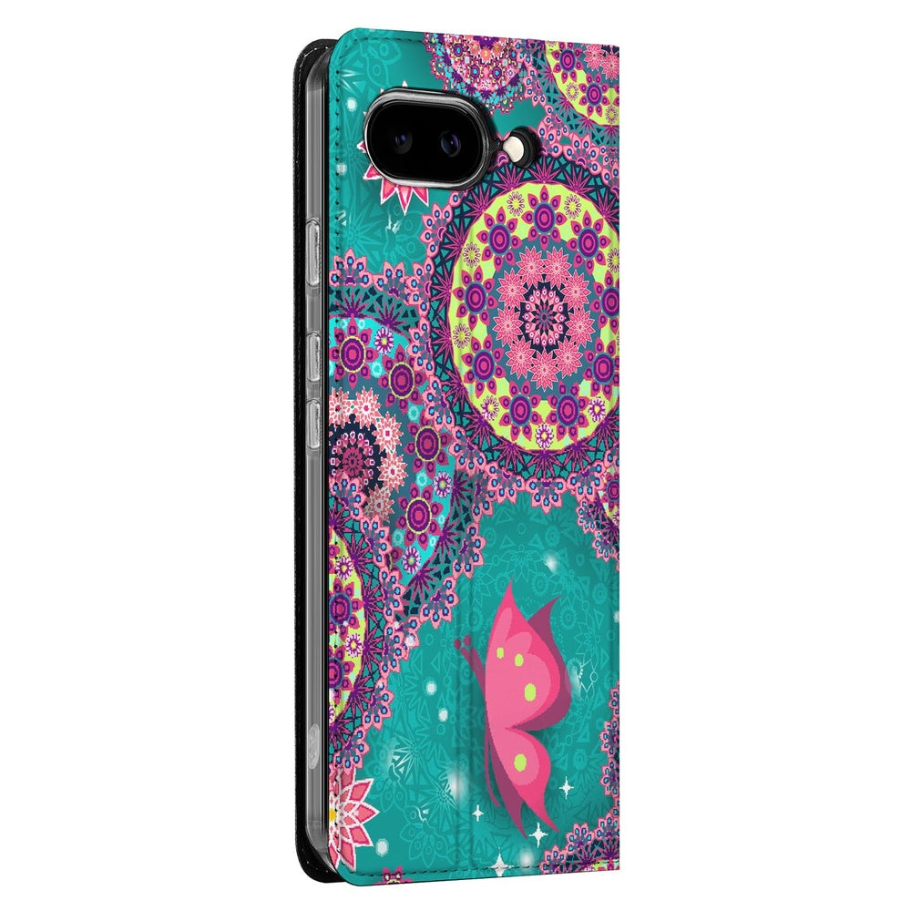 Google Pixel 9a Flip Style Cover Cirkels en Vlinders flip cover design cirkels vlinders turkoois