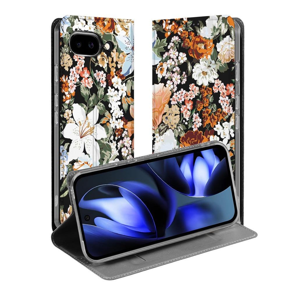 Google Pixel 9a Standcase Hoesje Dark Flowers ontwerp bloemen patroon aanzicht
