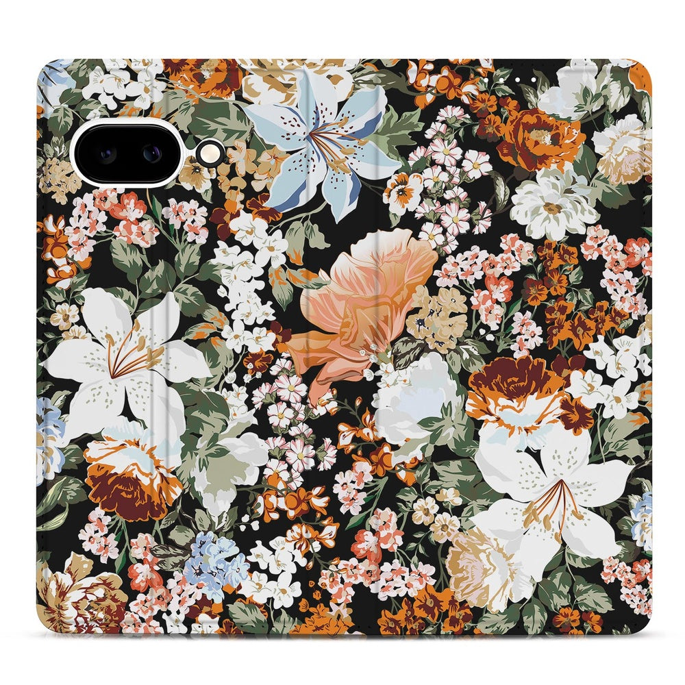 Google Pixel 9a Standcase Hoesje Dark Flowers bloemenmotief zwart