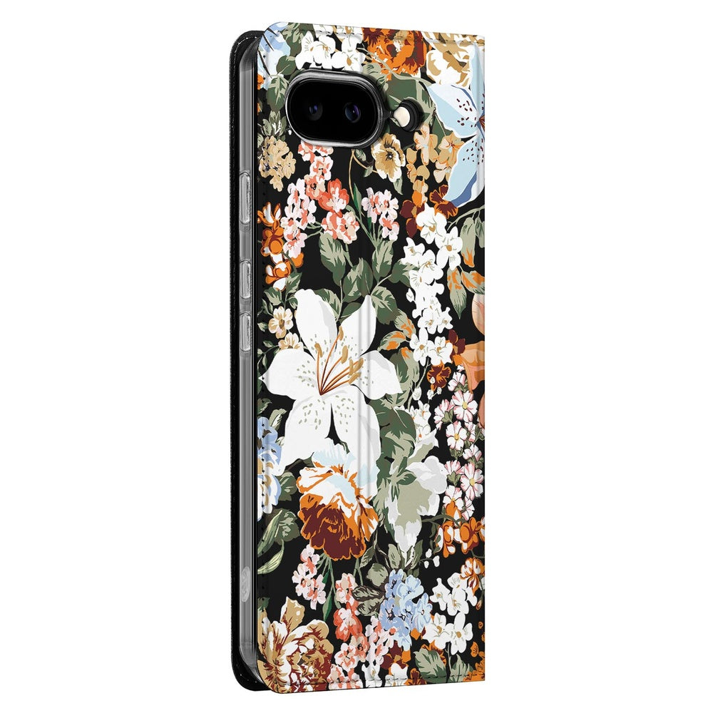 Google Pixel 9a Standcase Hoesje Dark Flowers bloemen ontwerp zijaanzicht