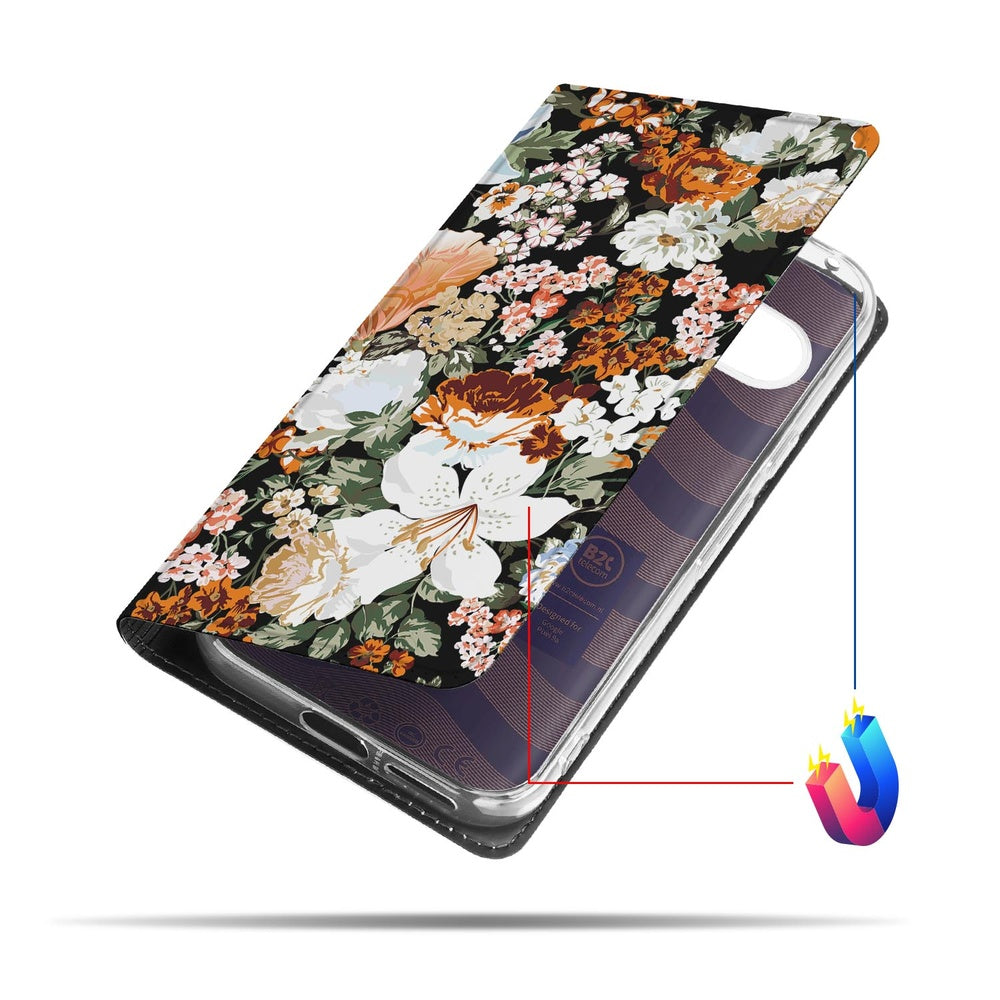 Google Pixel 9a Standcase Hoesje Dark Flowers bloemen patroon donker ontwerp aanzicht
