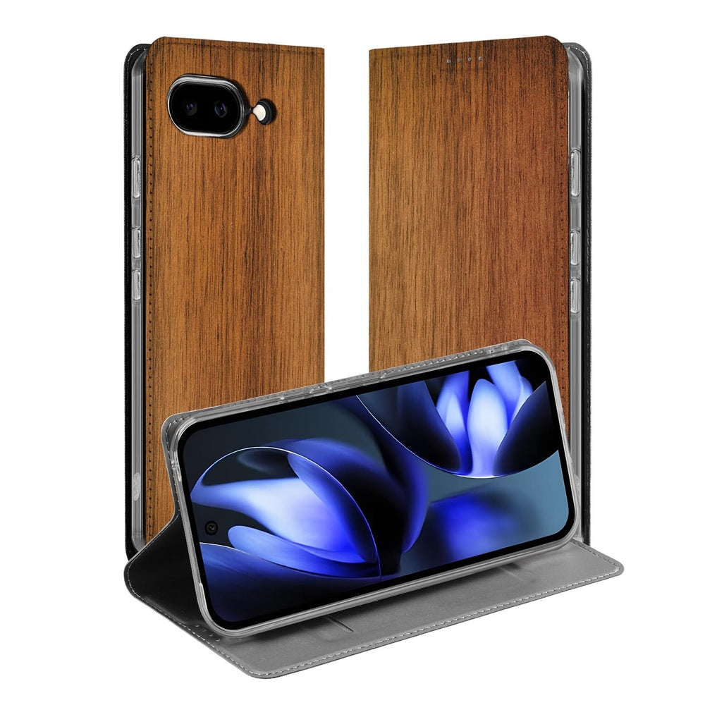 Google Pixel 9a Flip Style Cover Donker Hout hoes design donker hout vooraanzicht
