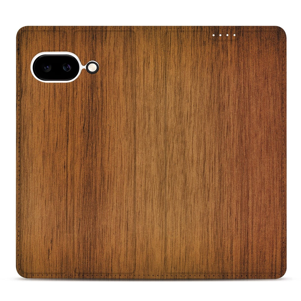 Google Pixel 9a Flip Style Cover Donker Hout hout textuur achterkant