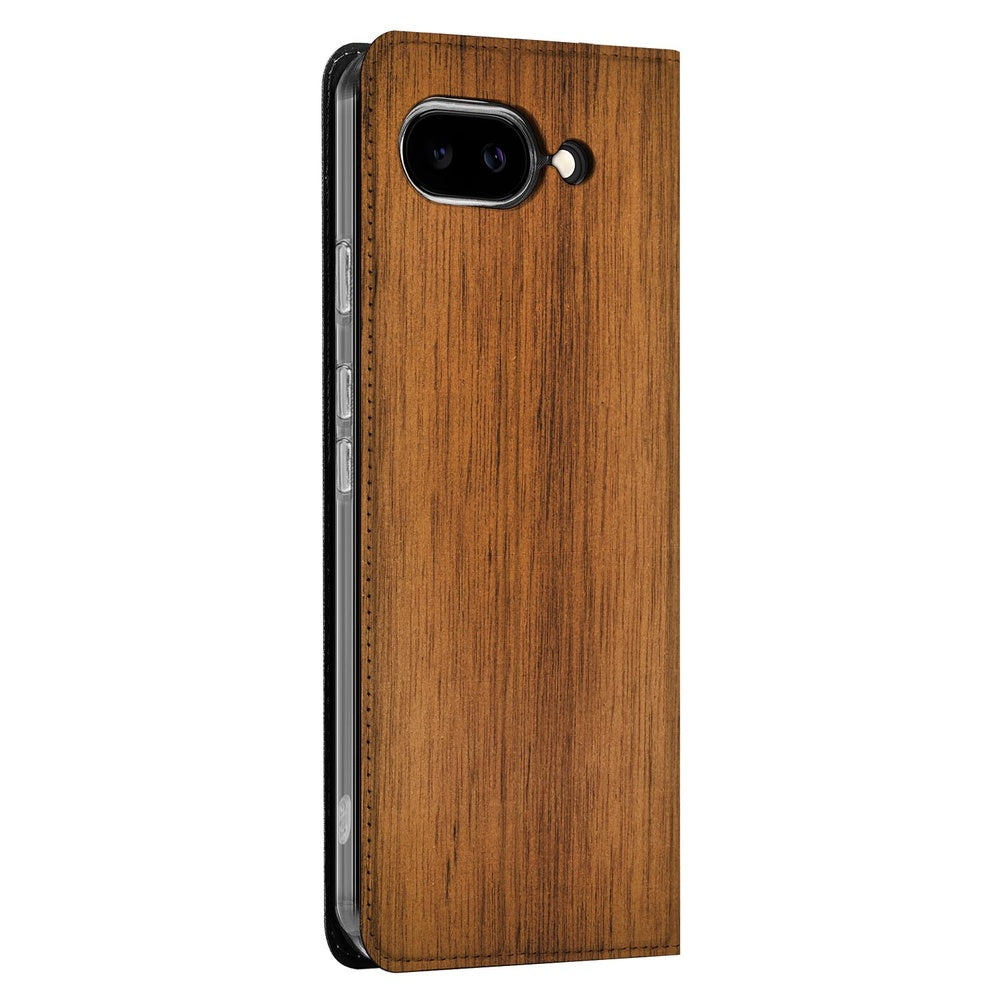 Google Pixel 9a Flip Style Cover Donker Hout flipcase houten design aanzicht