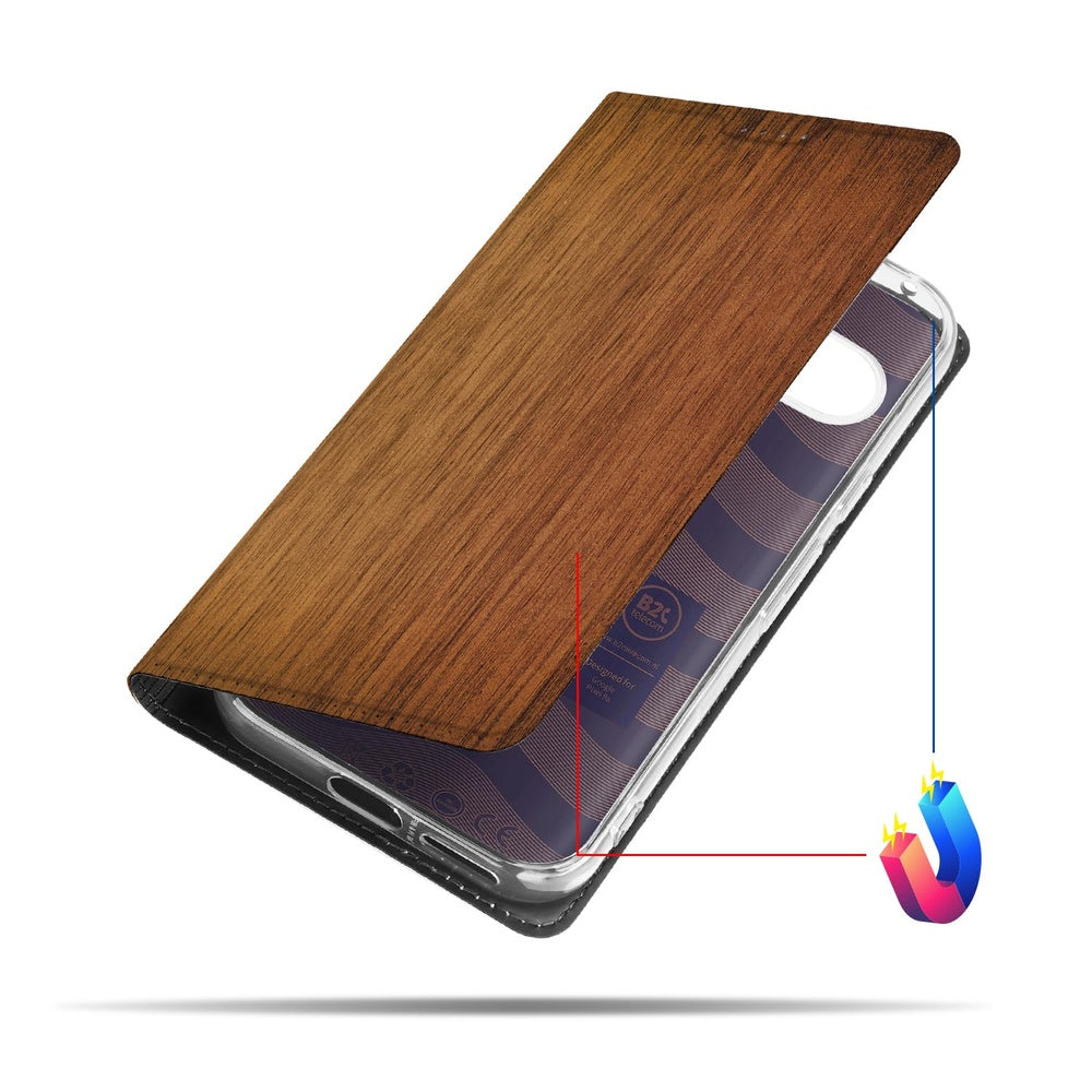 Google Pixel 9a Flip Style Cover Donker Hout flipcase houten design aanzicht