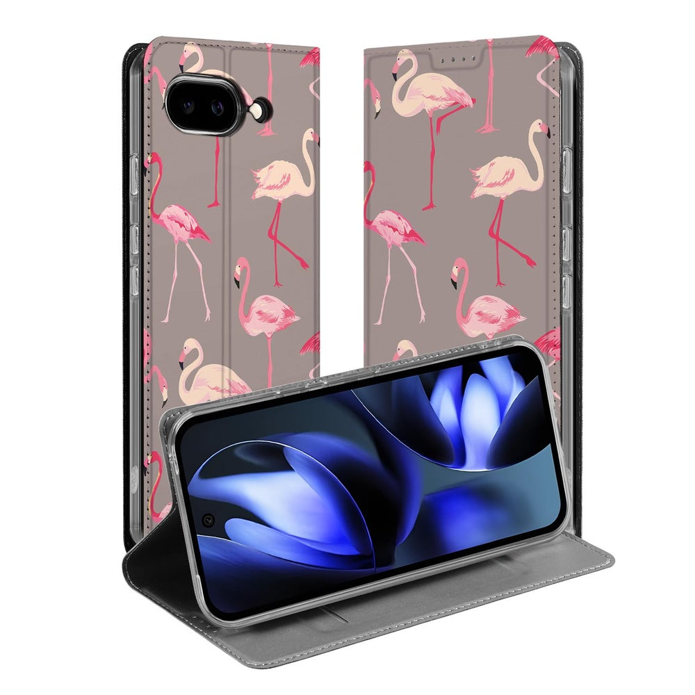 Google Pixel 9a Standcase Hoesje Flamingo flamingo design taupe voorkant achterkant